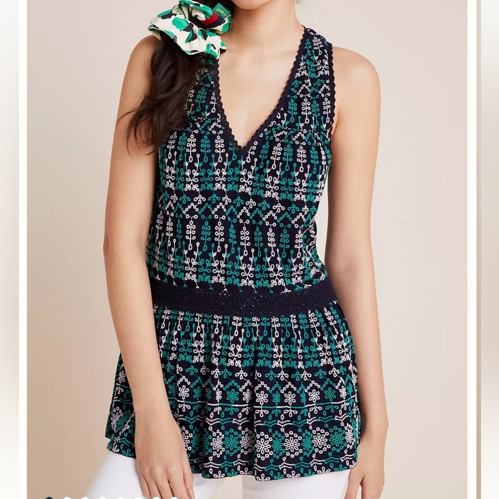 Maeve Anthropologie Cammie Embroidered Peplum Top Sleeveless Women’s Medium Navy